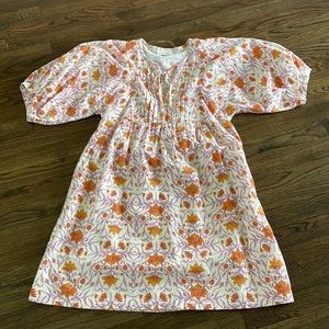 Size S (orange/purple) floral dress with puff sleeves.
